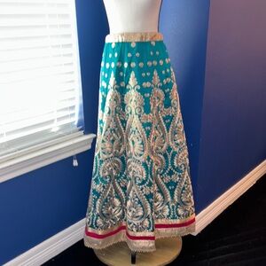 Traditional Teal Lehenga Skirt – Gold Embroidery, Fuchsia Trim, Festival Ready